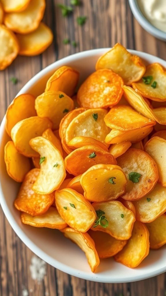 A bowl of crispy homemade potato chips with a side of dip on a rustic wooden table.